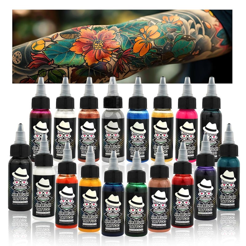 OPHIR OPHIR 18 Colors Airbrush Temporary Tattoo Ink, Air Brush Body Paint for Face and Body Painting Special Effects Makeup, Water Resistant Airbrush Body Painting Pigment Tattoo, 1.06oz/Bottle