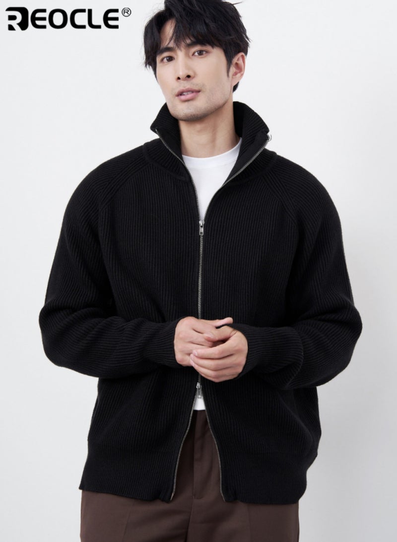 REOCLE Men's Double Zipper Cardigan with Lapel Collar and Knit Design Casual Sweater with Versatile Style for Autumn Winter Layering - Image 3