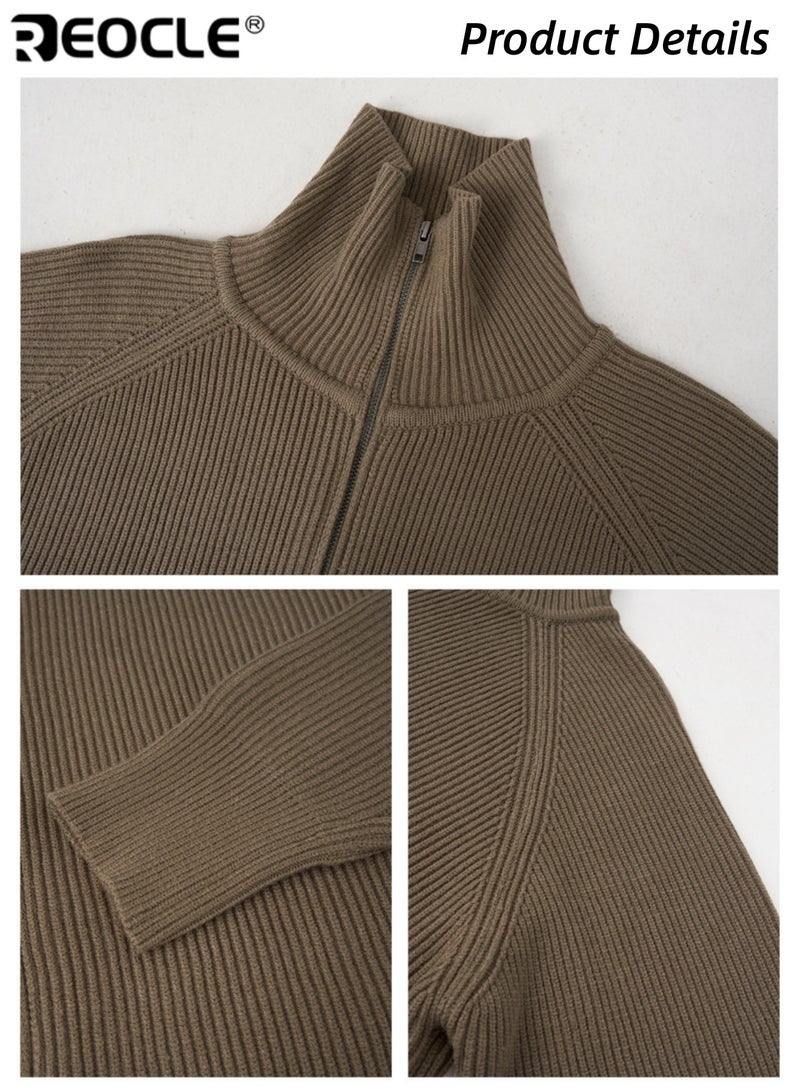 REOCLE Men's Double Zipper Cardigan with Lapel Collar and Knit Design Casual Sweater with Versatile Style for Autumn Winter Layering - Image 5