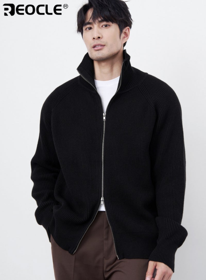 ريوكل كارديجان رجالي بسحاب مزدوج مع ياقة بحواف وتصميم محبوك سترة غير رسمية بأسلوب متعدد الاستخدامات لفصل الخريف والشتاء - Image 1