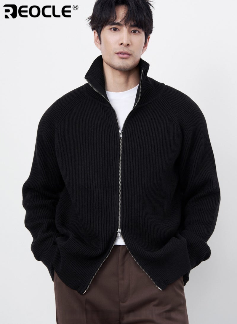 ريوكل كارديجان رجالي بسحاب مزدوج مع ياقة بحواف وتصميم محبوك سترة غير رسمية بأسلوب متعدد الاستخدامات لفصل الخريف والشتاء - Image 2