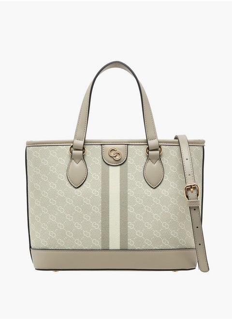 Monogram Print Tote Bag with Zip Closure and Double Handle