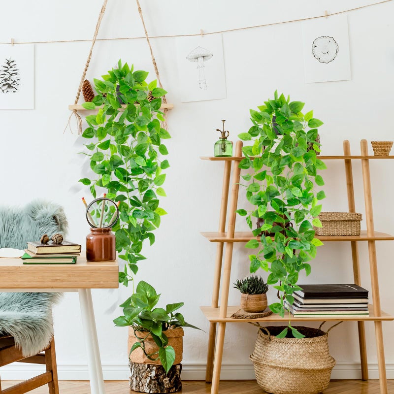 LUZOGA 39'' Fake Hanging Plants Small Artificial Potted Pothos Hanging Vines Plants for Home Office Bathroom Bedroom Wall Shelf Indoor Decor (Black Pot) - Image 4