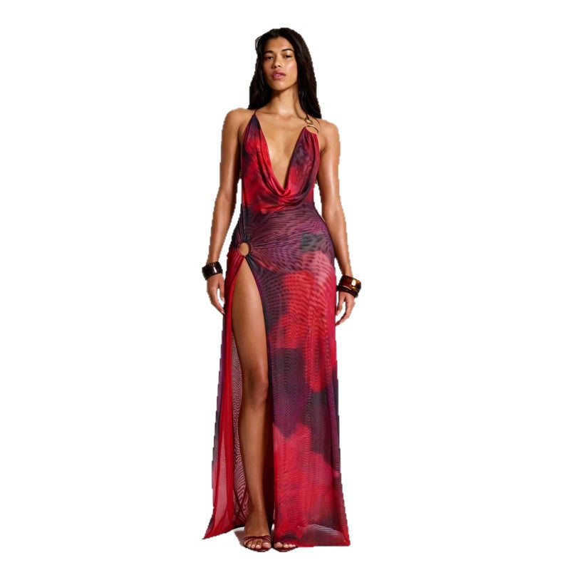 Yuehe Women's Printed Halter Backless Slit Maxi Dress - Image 5