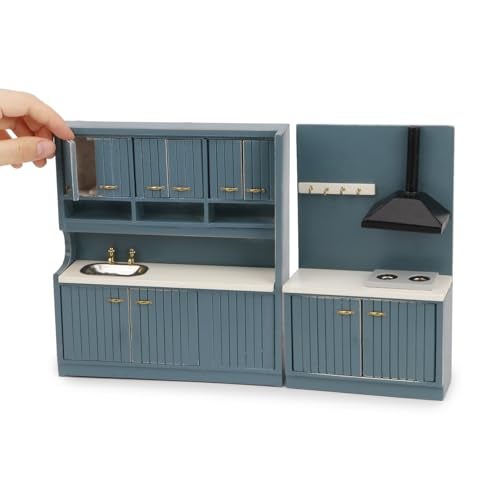 Cutemini Dollhouse Kitchen Set Miniature Wooden Furniture Cabinet Dining Room Kitchen Kit 112 Scale Wooden Dollhouse Accessories StyleABlue - Image 1