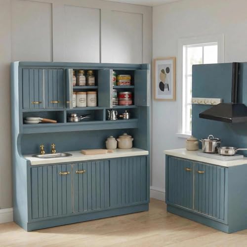 Cutemini Dollhouse Kitchen Set Miniature Wooden Furniture Cabinet Dining Room Kitchen Kit 112 Scale Wooden Dollhouse Accessories StyleABlue - Image 5