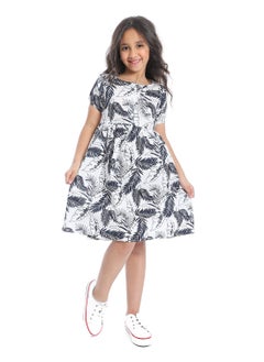 Andora Short Spaghetti Sleeves Self Pattern Girls Dress _ White & Black  - Image 1