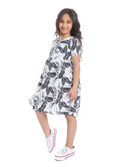 Andora Short Spaghetti Sleeves Self Pattern Girls Dress _ White & Black  - Image 2