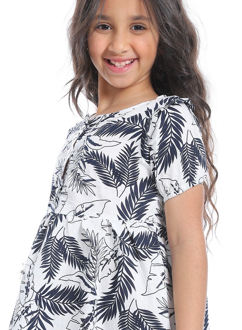 Andora Short Spaghetti Sleeves Self Pattern Girls Dress _ White & Black  - Image 5