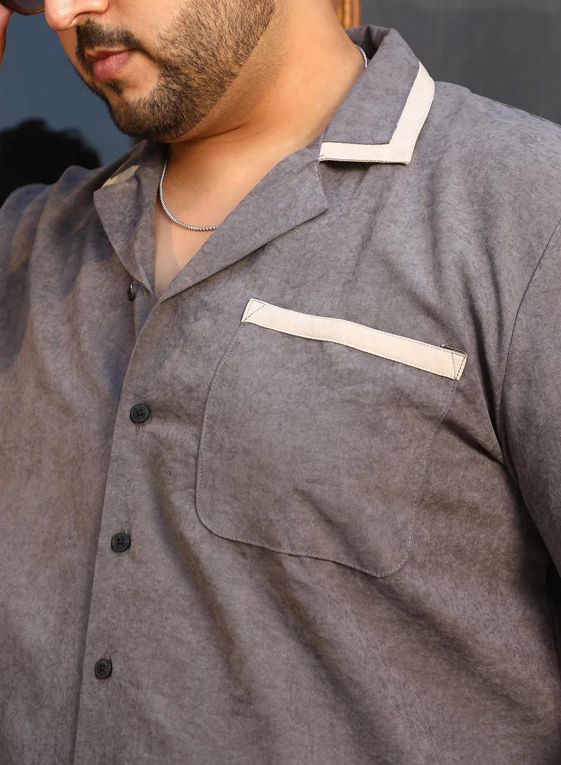 Instafab Plus  Instafab Plus Men's Moon Grey Contrast-Cuban Shirt For Casual Wear | Cuban Collar | Short Regular Sleeves | Button Closure | Plus Size Shirt Crafted With Comfort Fit For Everyday Wear for Men | Best Price UAE