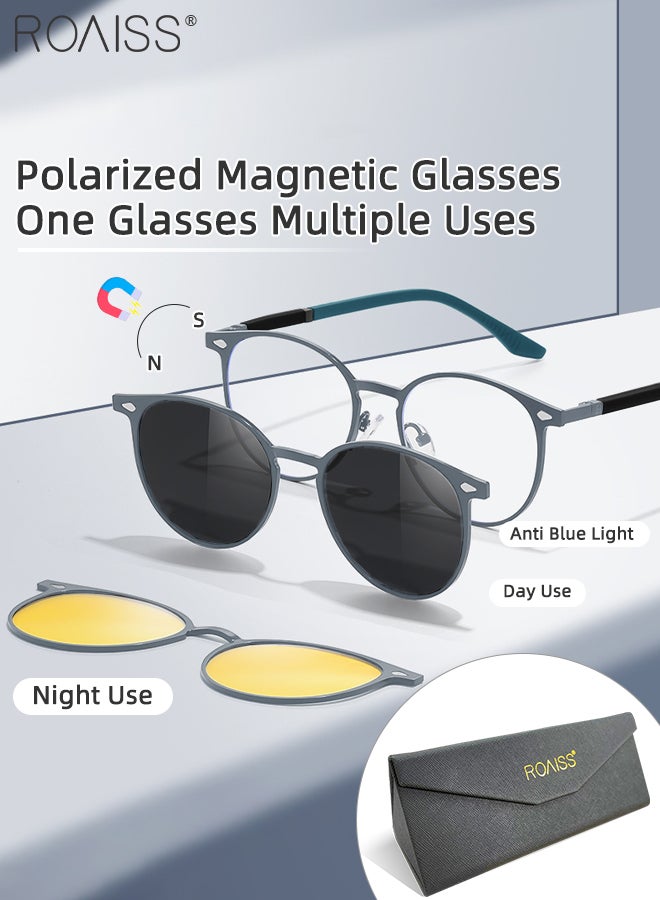 رويس مجموعة نظارات شمسية دائرية مغناطيسية مستقطبة 3 في 1، نظارات حجب الضوء الأزرق مع عدسة مستقطبة مغناطيسية وعدسة رؤية ليلية مغناطيسية، نظارات قيادة متعددة الاستخدامات للاستخدام ليلاً ونهارًا للرجال - Image 1