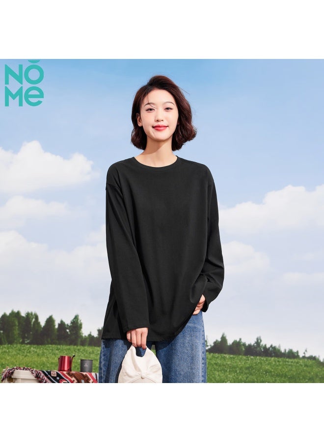 Nome Comfortable Loose Cotton Top, Fashionable Versatile Base Shirt For Women, Round Neck Long Sleeve T-shirt, Black, XL - Image 4