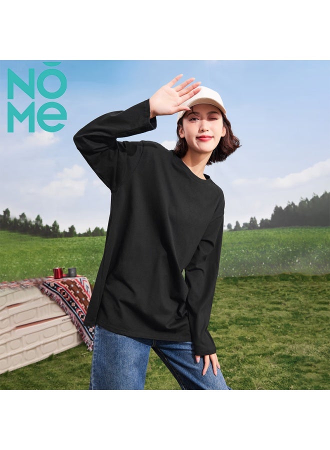 Nome Comfortable Loose Cotton Top, Fashionable Versatile Base Shirt For Women, Round Neck Long Sleeve T-shirt, Black, XL - Image 1