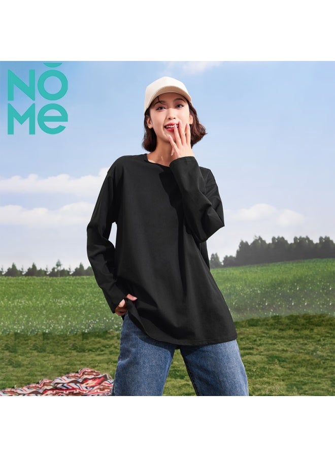 Nome Comfortable Loose Cotton Top, Fashionable Versatile Base Shirt For Women, Round Neck Long Sleeve T-shirt, Black, XL - Image 3