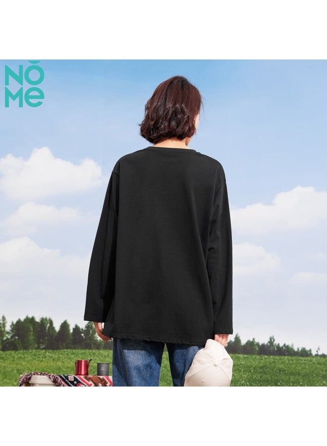 Nome Comfortable Loose Cotton Top, Fashionable Versatile Base Shirt For Women, Round Neck Long Sleeve T-shirt, Black, XL - Image 5