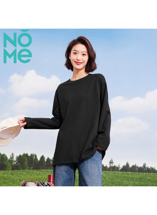 Nome Comfortable Loose Cotton Top, Fashionable Versatile Base Shirt For Women, Round Neck Long Sleeve T-shirt, Black, XL - Image 2