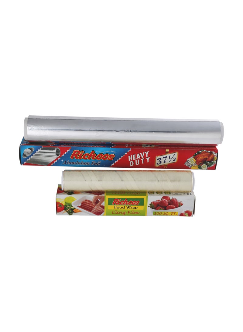 Richoos Cling Film & Aluminum Foil Combo Pack – 5 Rolls Cling Film (100 sq ft each) + 5 Rolls Aluminum Foil (37.5 sq ft), Food-Grade Wrap for Storage and Cooking - Image 1