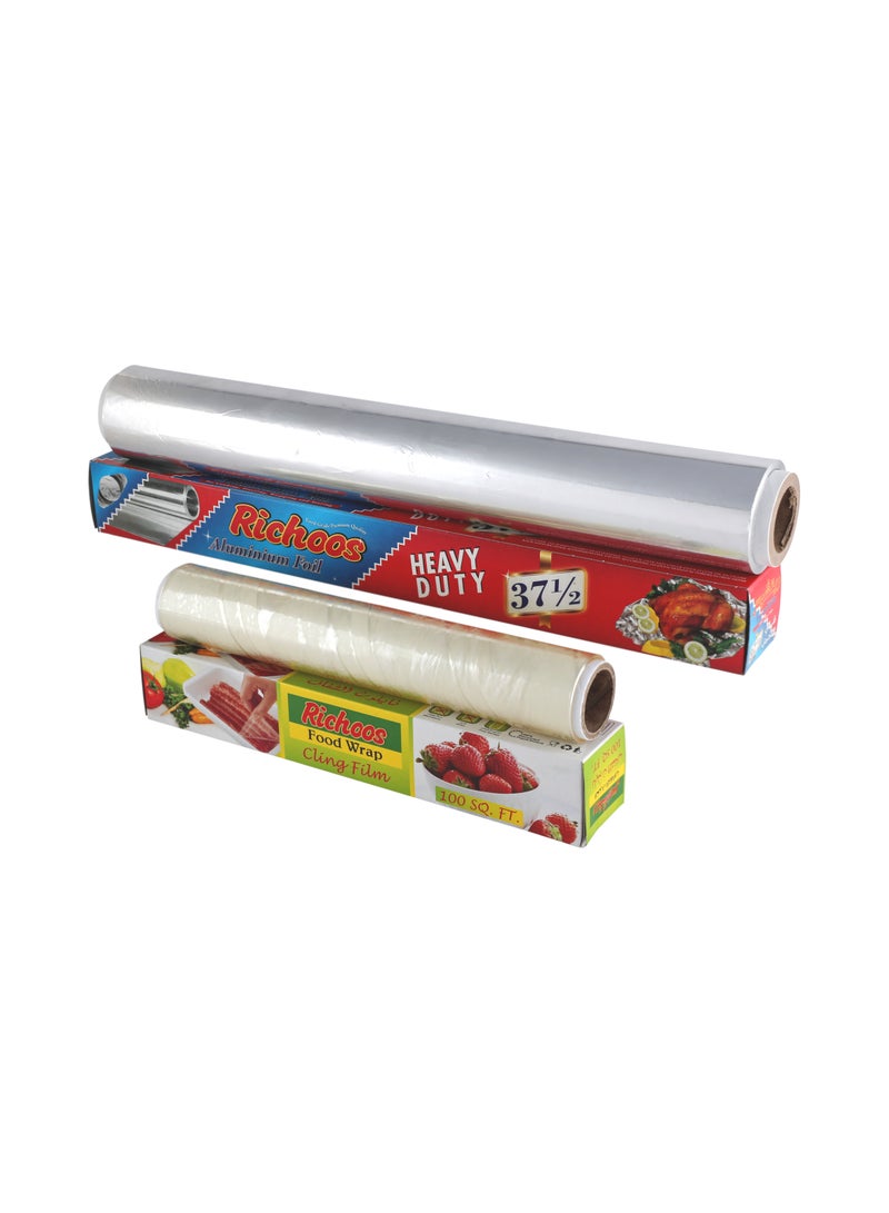 Richoos Cling Film & Aluminum Foil Combo Pack – 5 Rolls Cling Film (100 sq ft each) + 5 Rolls Aluminum Foil (37.5 sq ft), Food-Grade Wrap for Storage and Cooking - Image 2