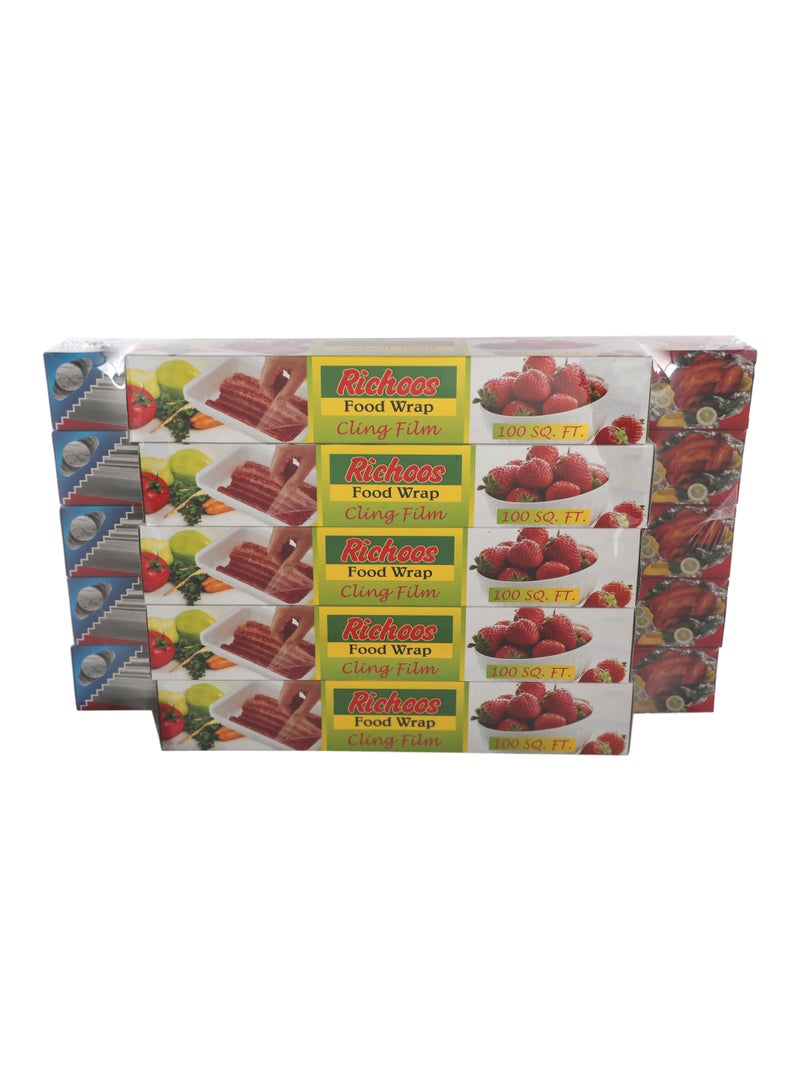 Richoos Cling Film & Aluminum Foil Combo Pack – 5 Rolls Cling Film (100 sq ft each) + 5 Rolls Aluminum Foil (37.5 sq ft), Food-Grade Wrap for Storage and Cooking - Image 4