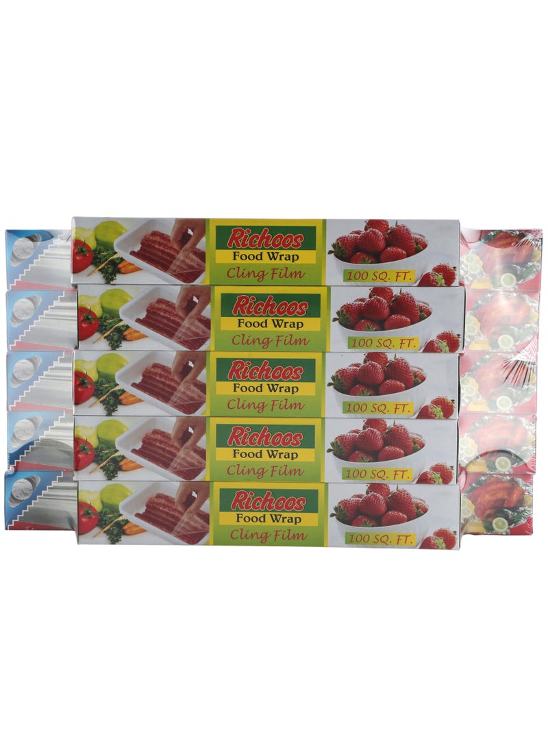 Richoos Cling Film & Aluminum Foil Combo Pack – 5 Rolls Cling Film (100 sq ft each) + 5 Rolls Aluminum Foil (37.5 sq ft), Food-Grade Wrap for Storage and Cooking - Image 5