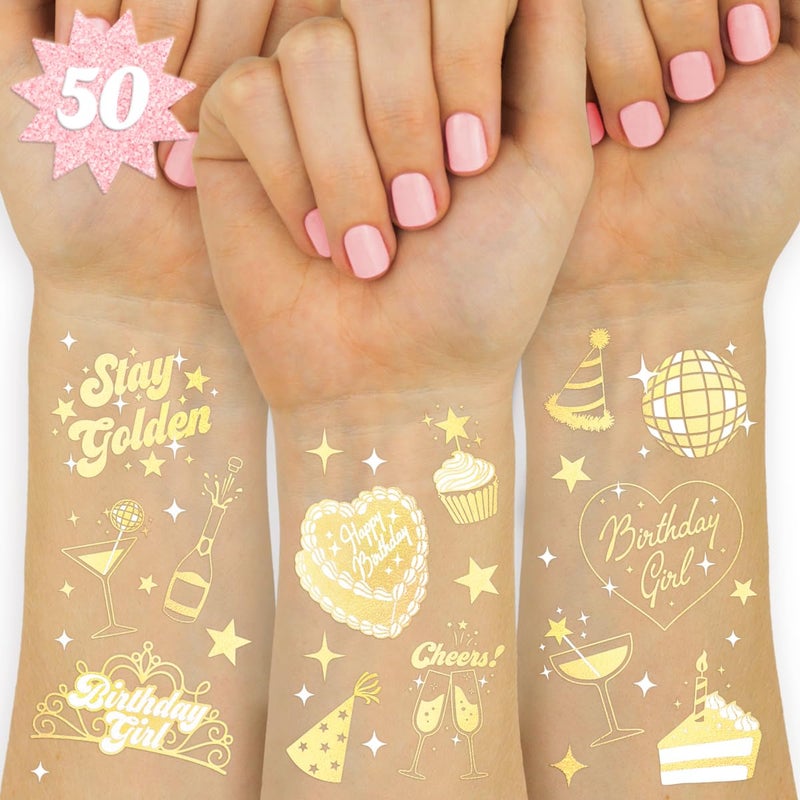 xo Fetti Golden Birthday Temporary Tattoos  50 gold styles  Birthday Party Decorations Fun Birthday Girl Party Favors HBD Older Wiser Hotter Fifty and Fabulous Funny Bday Gift