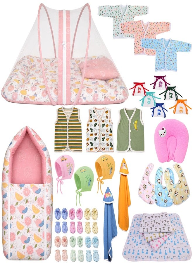 Kwitchy Newborn Baby Essentials Kit 39 Items Combo for 0-6 Months with Baby Bed, Mosquito Net, Clothes, Bedding, Nappies, Caps, Mittens, Booties and Blankets (Pink) - Image 1