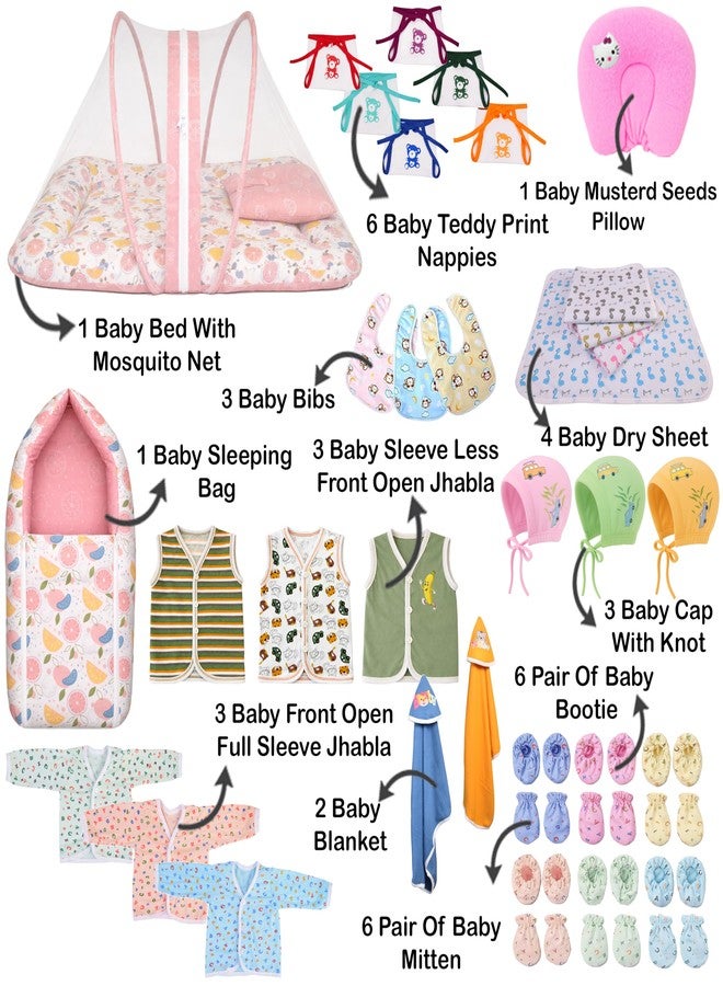 Kwitchy Newborn Baby Essentials Kit 39 Items Combo for 0-6 Months with Baby Bed, Mosquito Net, Clothes, Bedding, Nappies, Caps, Mittens, Booties and Blankets (Pink) - Image 2