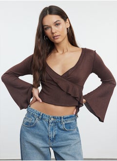 Brown Wrap Knitwear Look Spanish Sleeve Regular/Normal Fit Knitted Blouse TWOAW25BZ00151