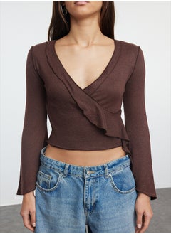 trendyol Brown Wrap Knitwear Look Spanish Sleeve Regular/Normal Fit Knitted Blouse TWOAW25BZ00151  - Image 3