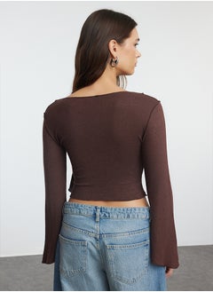 trendyol Brown Wrap Knitwear Look Spanish Sleeve Regular/Normal Fit Knitted Blouse TWOAW25BZ00151  - Image 5