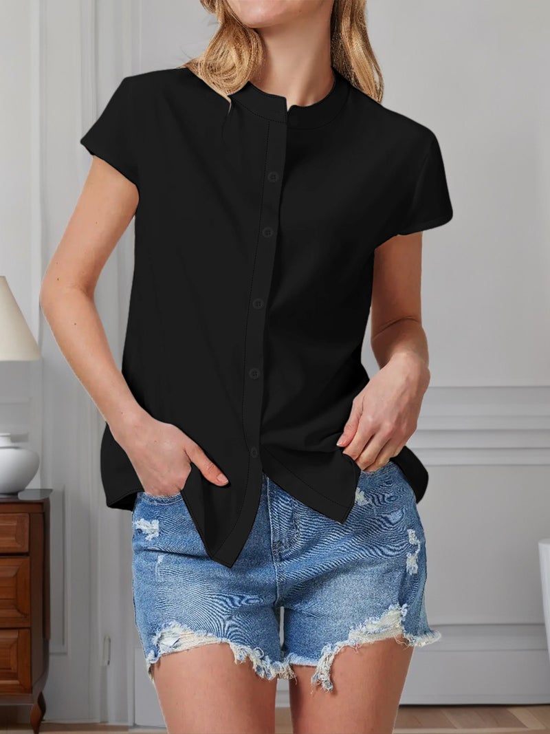 Blouse Black European and American Women's Short-sleeve Shirts Solid Color Casual Versatile Stylish Workwear