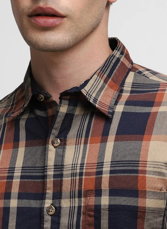 دينيس لينغو Slim Fit Rust Cotton Checks Shirt for Men - Spread Collar, Full Sleeves, Casual,