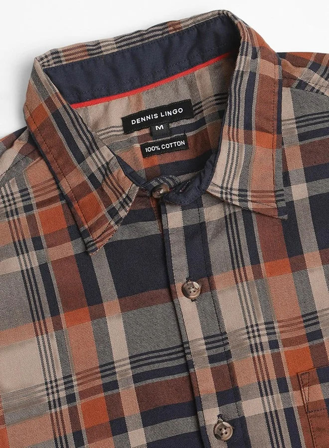 دينيس لينغو Slim Fit Rust Cotton Checks Shirt for Men - Spread Collar, Full Sleeves, Casual,