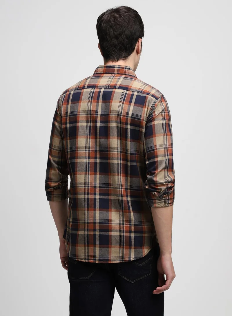 دينيس لينغو Slim Fit Rust Cotton Checks Shirt for Men - Spread Collar, Full Sleeves, Casual,