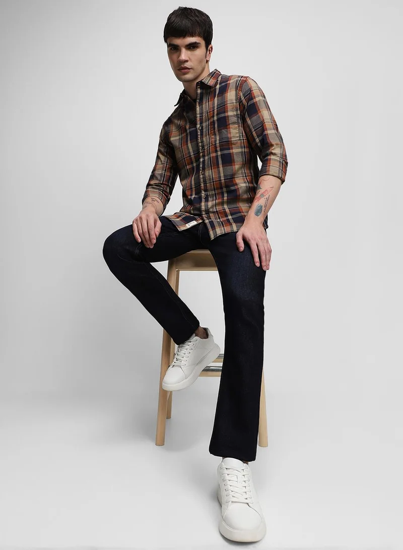دينيس لينغو Slim Fit Rust Cotton Checks Shirt for Men - Spread Collar, Full Sleeves, Casual,