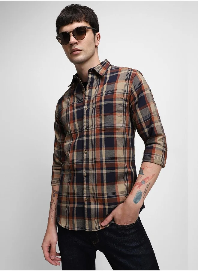 دينيس لينغو Slim Fit Rust Cotton Checks Shirt for Men - Spread Collar, Full Sleeves, Casual