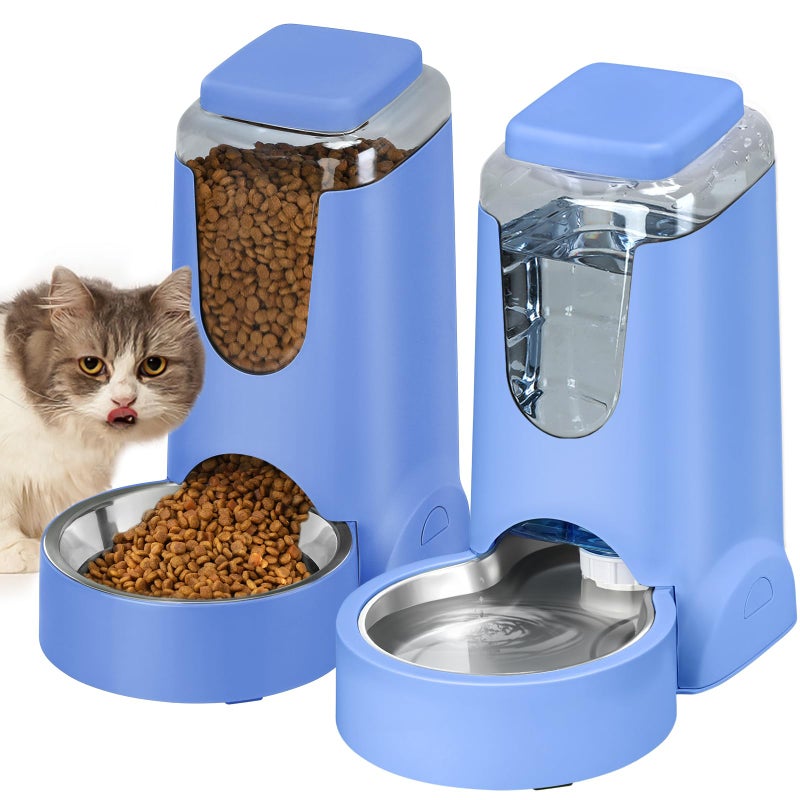 HWONMTE Portable Automatic Cat Feeder and Water Dispenser with Stainless Steel Bowl Dog Gravity Food Feeder and Waterer for Small Medium Pets Puppy Kitten 1 Gallon x 2 (Sapphire Blue) - Image 1
