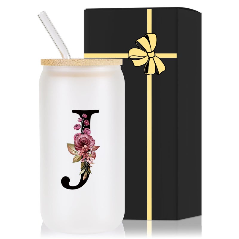 Wulcea Monogrammed Glass Drinking Cup With Lid Straw Women Her Sister Mom Girlfriend Aunt Best Friend Friendship Grandma Bestie Wife Daughter Law Lady Happy Birthday Cool Funny Meaningful Unique Gifts Cute,J - Image 1