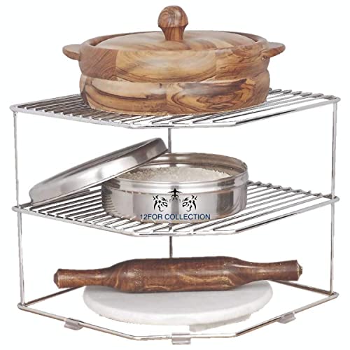 12FOR COLLECTION Stainless Steel 3-Tier Countertop Storage Rack For Corners, Multipurpose Kitchen Plate Dish Corner Shelf, Rack Stand Holder - Image 1