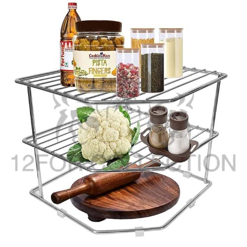 12FOR COLLECTION Stainless Steel 3-Tier Countertop Storage Rack For Corners, Multipurpose Kitchen Plate Dish Corner Shelf, Rack Stand Holder - Image 3