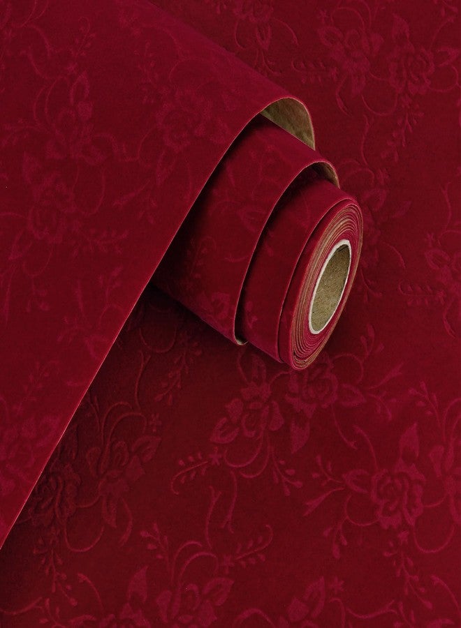 WESTICK Vintage Red Floral Velvet Wallpaper Self Adhesive Felt Drawer Liner Removable Flocking Fabric Wallpaper Peel and Stick Velvet Fabric Contact Paper for Cabinets Lining Jewelry Box 11.8"x80" - Image 1