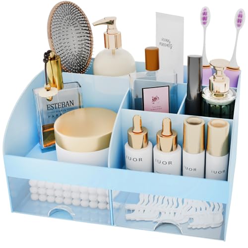 COMFYROOM Makeup Organizer with Drawers Cosmetic Storage for Dresser Vanity and Bathroom Countertop Beauty Holder for Lipstick Brush Skincare Organizer for Vanity Cosmetic Display Case Blue - Image 3