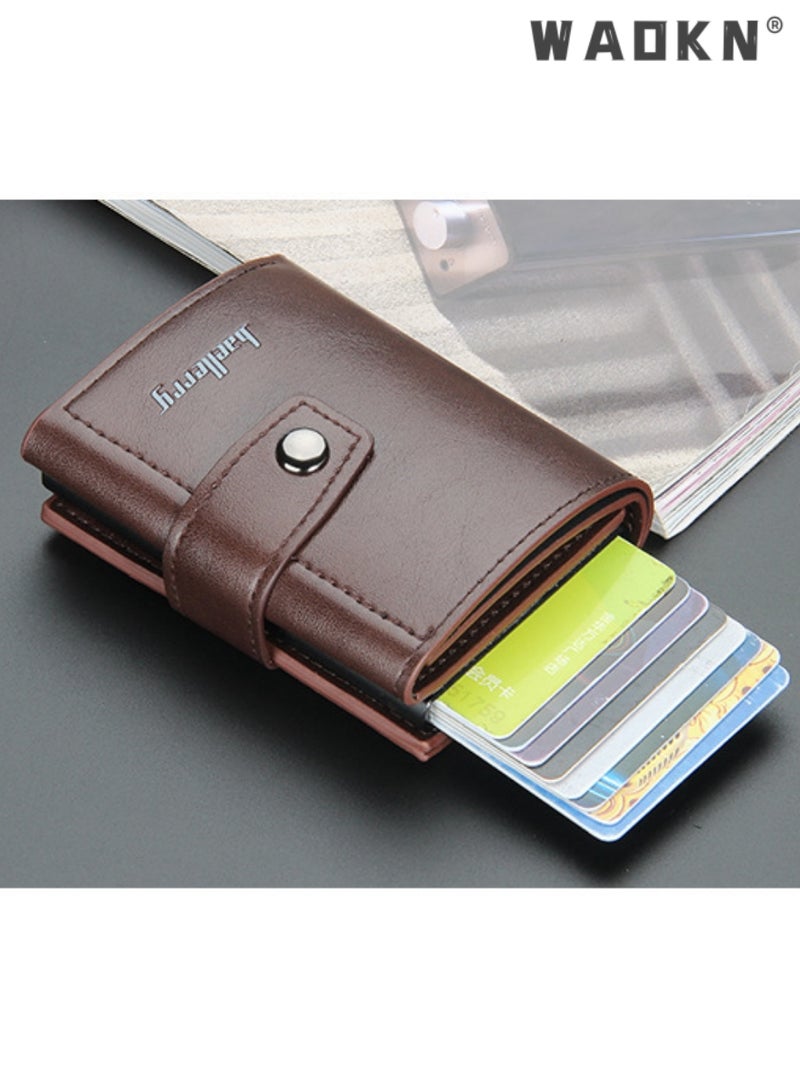 Leather Wallets for Men, Slim Minimalist Wallet Credit Card Holder Wallet Pop Up Design, RFID Blocking Metal Bank Card Case with Coins Pocket, ID Window, Hold up to 8 Cards, Button Lock, Brown