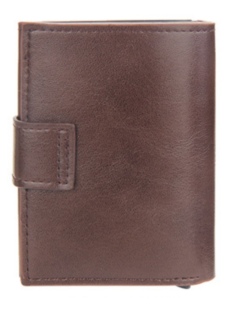 Leather Wallets for Men, Slim Minimalist Wallet Credit Card Holder Wallet Pop Up Design, RFID Blocking Metal Bank Card Case with Coins Pocket, ID Window, Hold up to 8 Cards, Button Lock, Brown