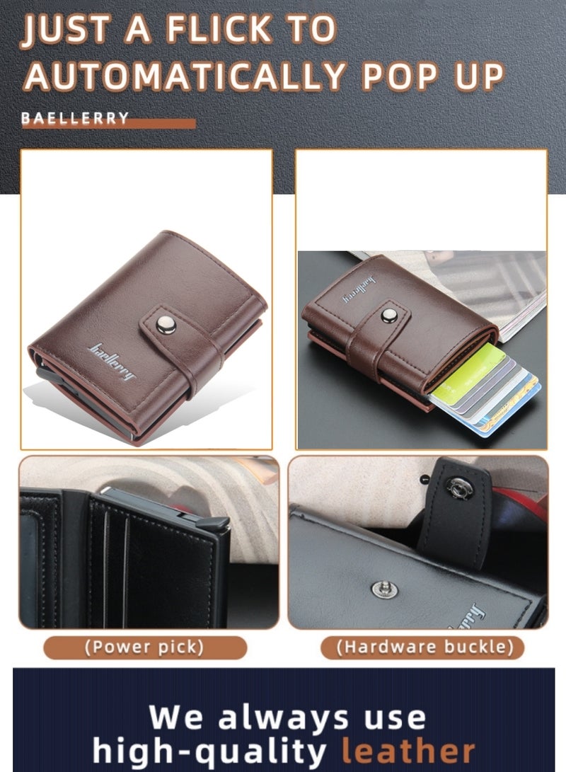 Leather Wallets for Men, Slim Minimalist Wallet Credit Card Holder Wallet Pop Up Design, RFID Blocking Metal Bank Card Case with Coins Pocket, ID Window, Hold up to 8 Cards, Button Lock, Brown