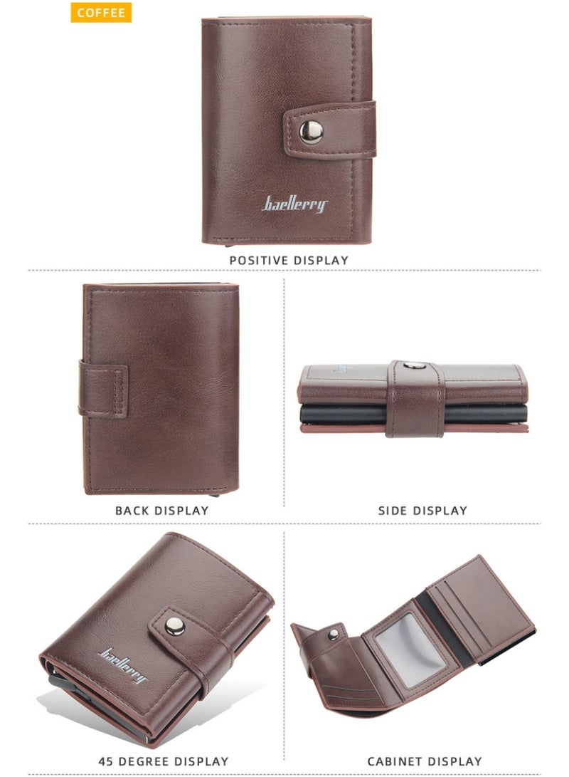Leather Wallets for Men, Slim Minimalist Wallet Credit Card Holder Wallet Pop Up Design, RFID Blocking Metal Bank Card Case with Coins Pocket, ID Window, Hold up to 8 Cards, Button Lock, Brown