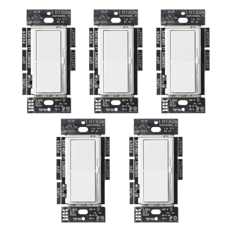 Lutron Diva LED+ Dimmer Switch for Dimmable LED, Halogen and Incandescent Bulbs, 150W/Single-Pole or 3-Way, DVCL-153P-WH, White (5-Pack) - Image 1