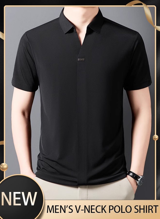 Men's polo shirt V-neck polo short-sleeved T-shirt Short-sleeved sports golf tennis T-shirt Casual V-neck summer shirt Classic polo shirt  - Image 1