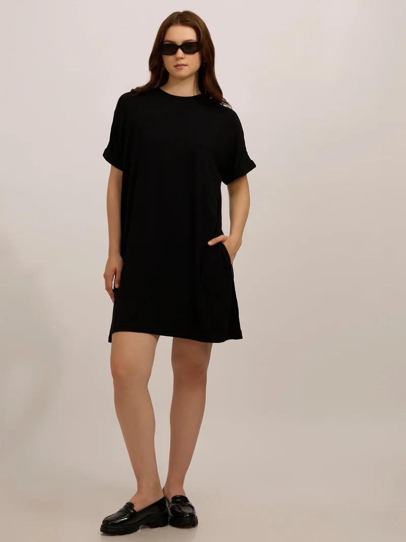 OUTZIDR  Black Fold Up Sleeve T-Shirt Dress for Women | Best Price UAE