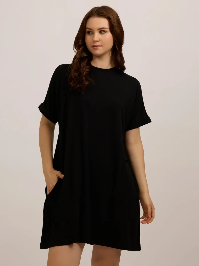 OUTZIDR  Black Fold Up Sleeve T-Shirt Dress for Women | Best Price UAE